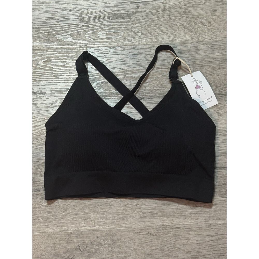NWT Angelhood Maternity Nursing Bra Black Padded Strappy Medium Wireless
